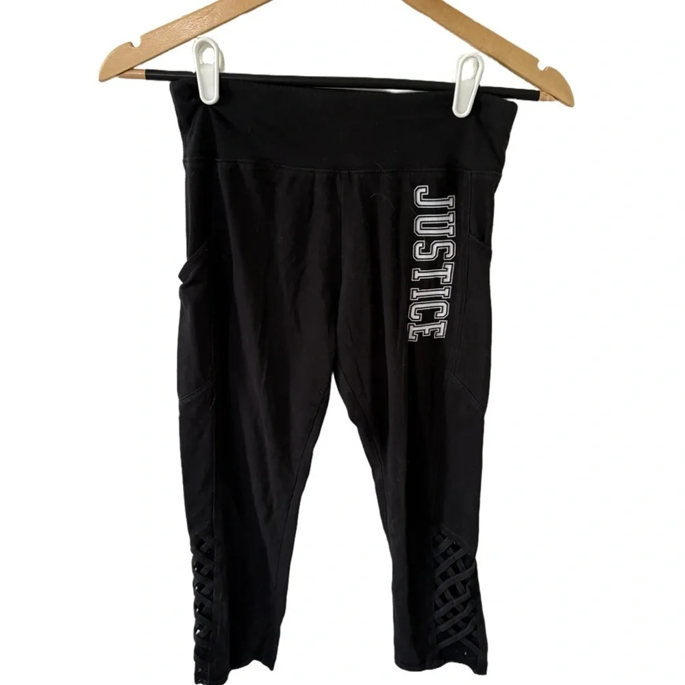 Justice Black Cropped Leggings with Lattice Hem